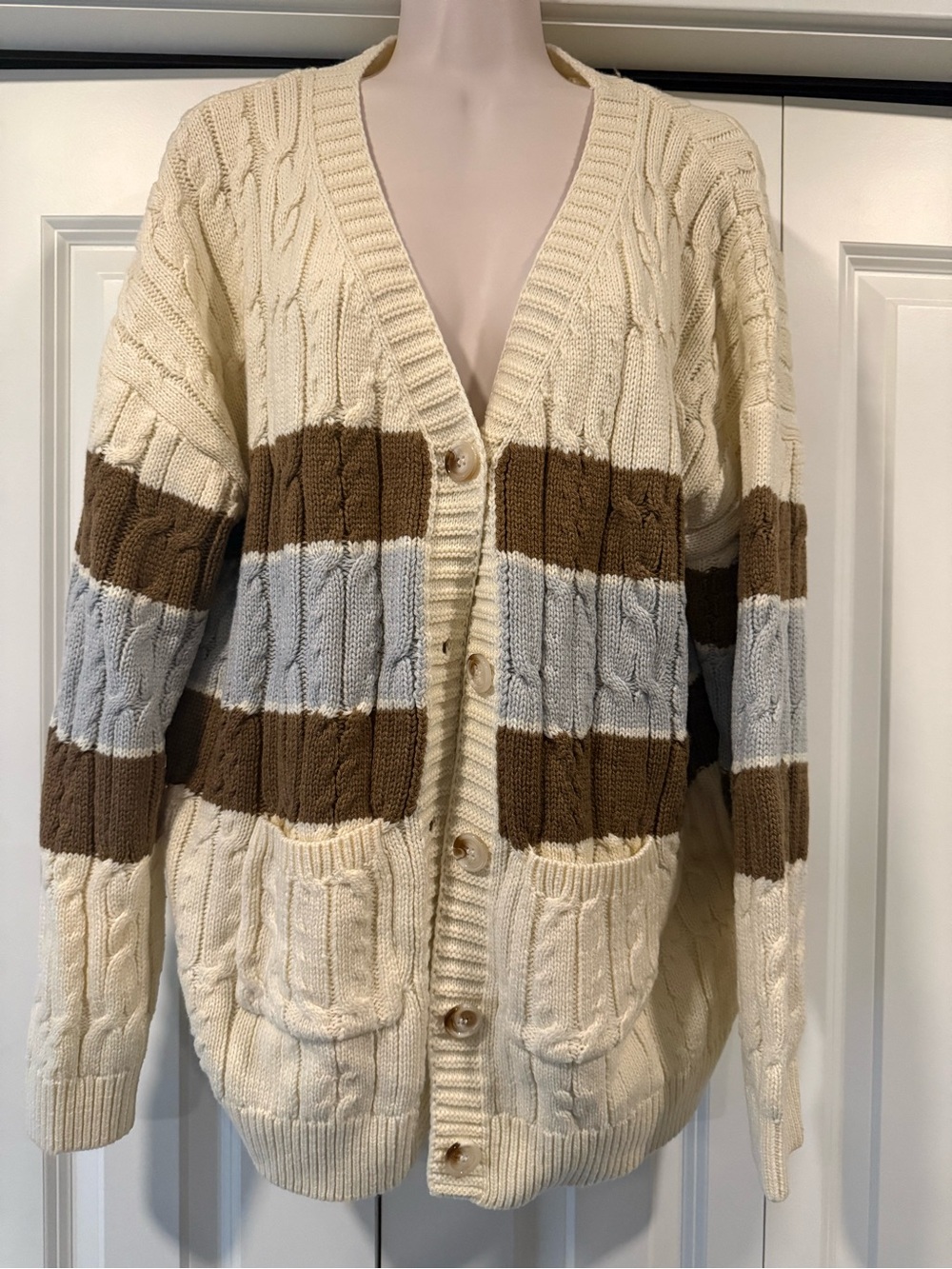 Ivory brown blue cable knit cardigan sweater 1X